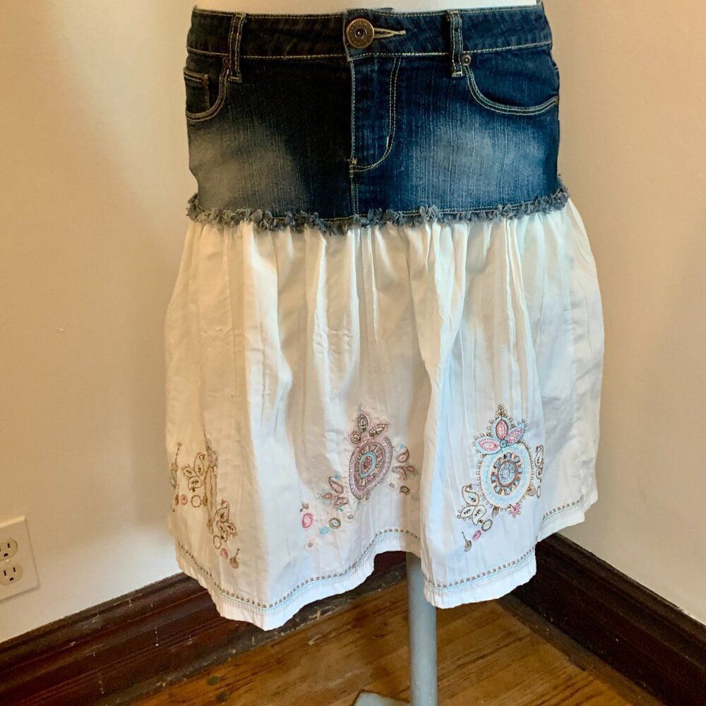 VTG YMI Lace Ruffle Denim Midi Skirt y2k 2000s 90s Western Mixed Peasant Cotton - Picture 16 of 16